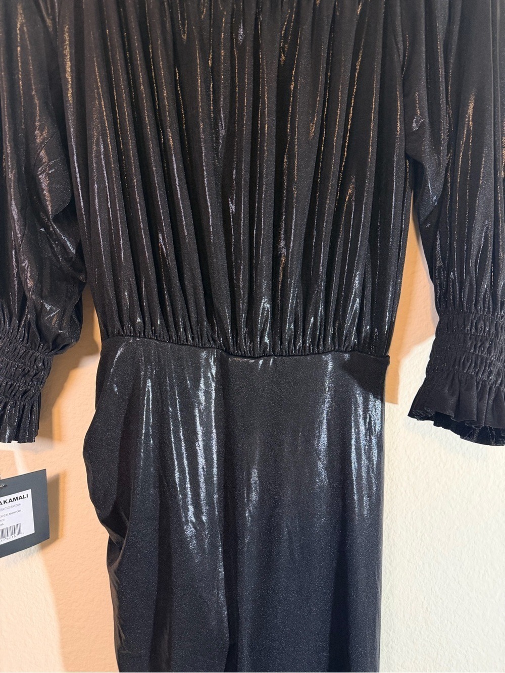 NWT Norma Kamali Long Sleeve Peasant Side Drape Gown Black Metallic S - Picture 9 of 10